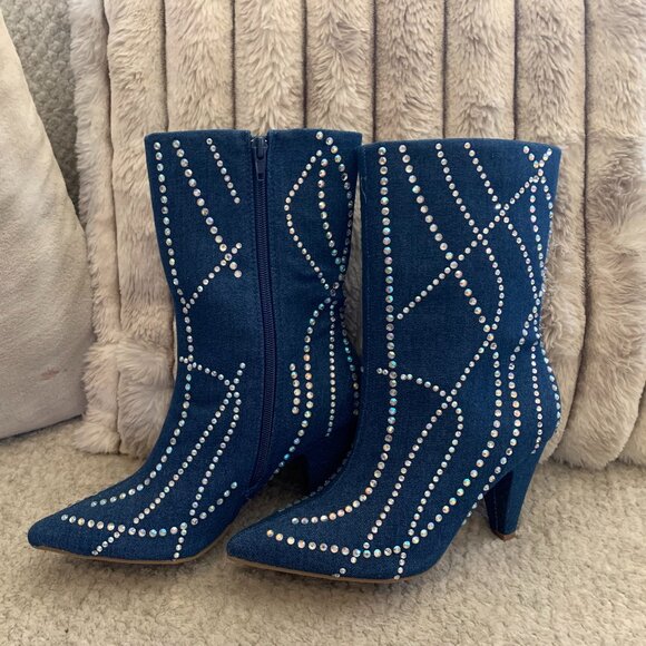 Blue Denim Jeweled Boots - Picture 3 of 4